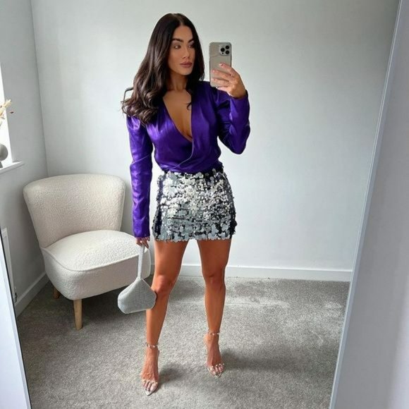ZARA SEQUIN SKIRT SILVER - Picture 1 of 8